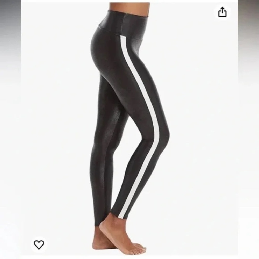 Spanx black faux leather‎ ankle legging white racing stripe size small
